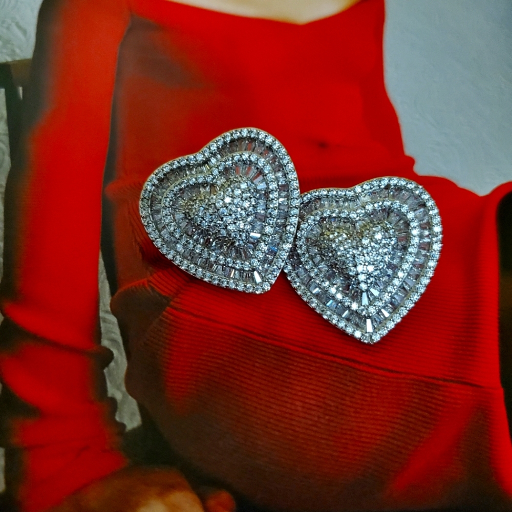Statement Heart Baguette Pave CZ Post Back Earrings